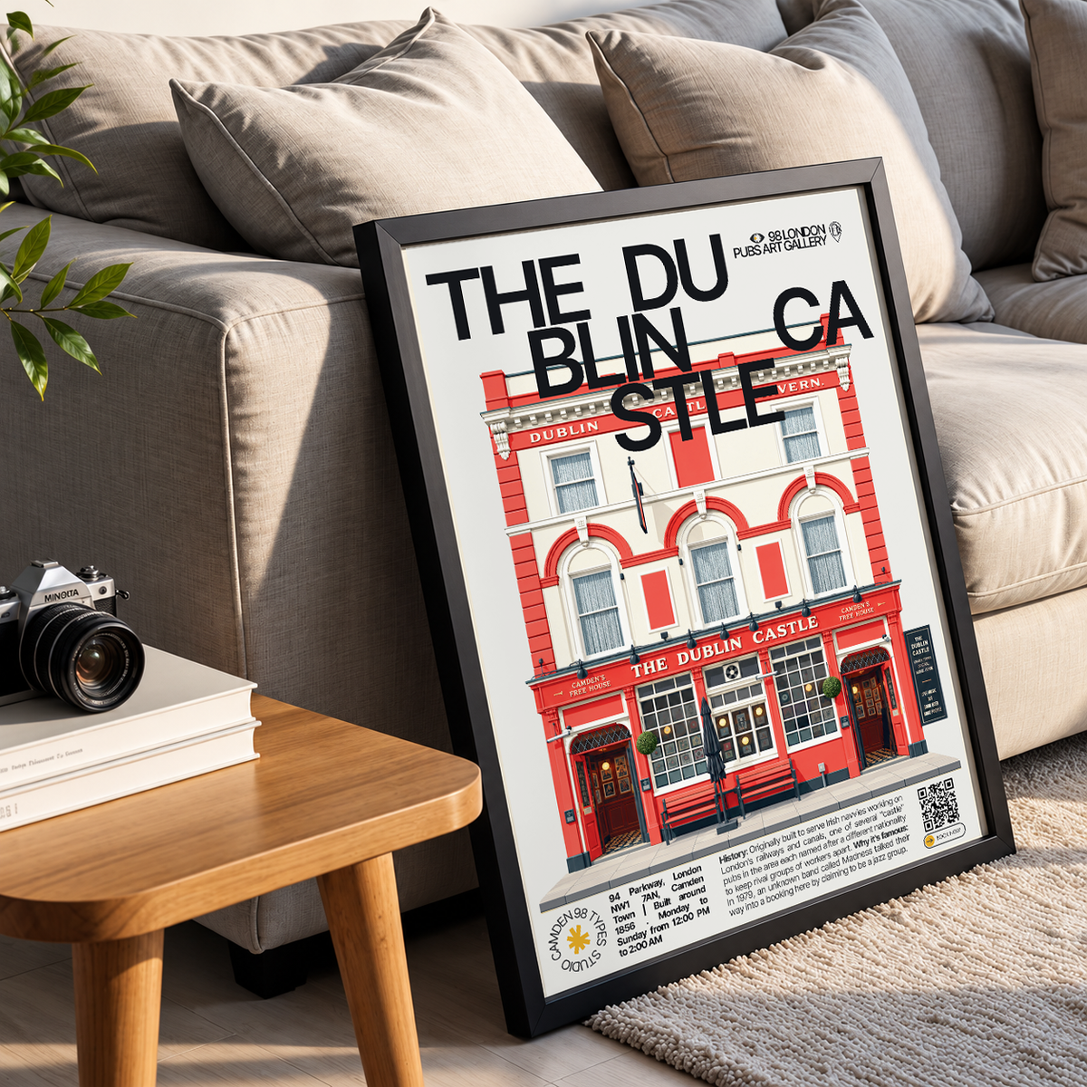 The Dublin Castle poster, Camden Town, London: Victorian Camden pub facade with gig posters in the window - 98 London Pubs Art Gallery by 98 Types