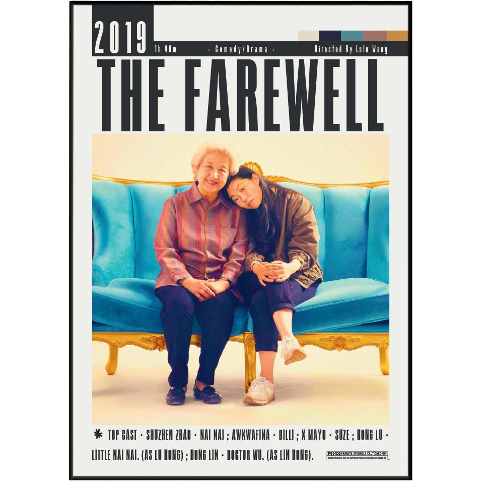 The Farewell 2019 theatrical release poster, featuring two women sitting together on a bright turquoise blue couch with gold trim. The poster has a white border with the title 'THE FAREWELL' in large black letters and cast names listed at the bottom.