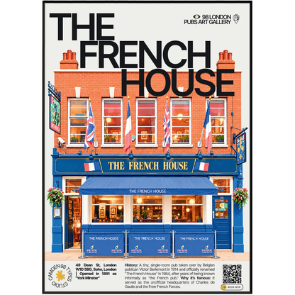 The French House poster, Soho, London: small single-room Soho pub facade - 98 London Pubs Art Gallery by 98 Types