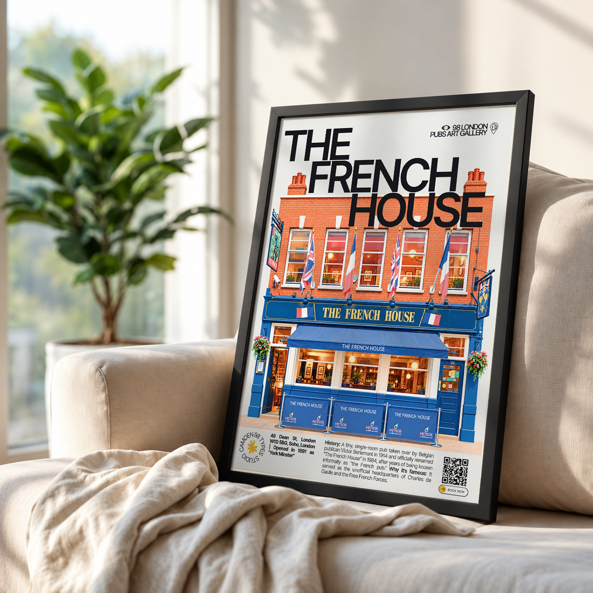 The French House poster, Soho, London: small single-room Soho pub facade - 98 London Pubs Art Gallery by 98 Types