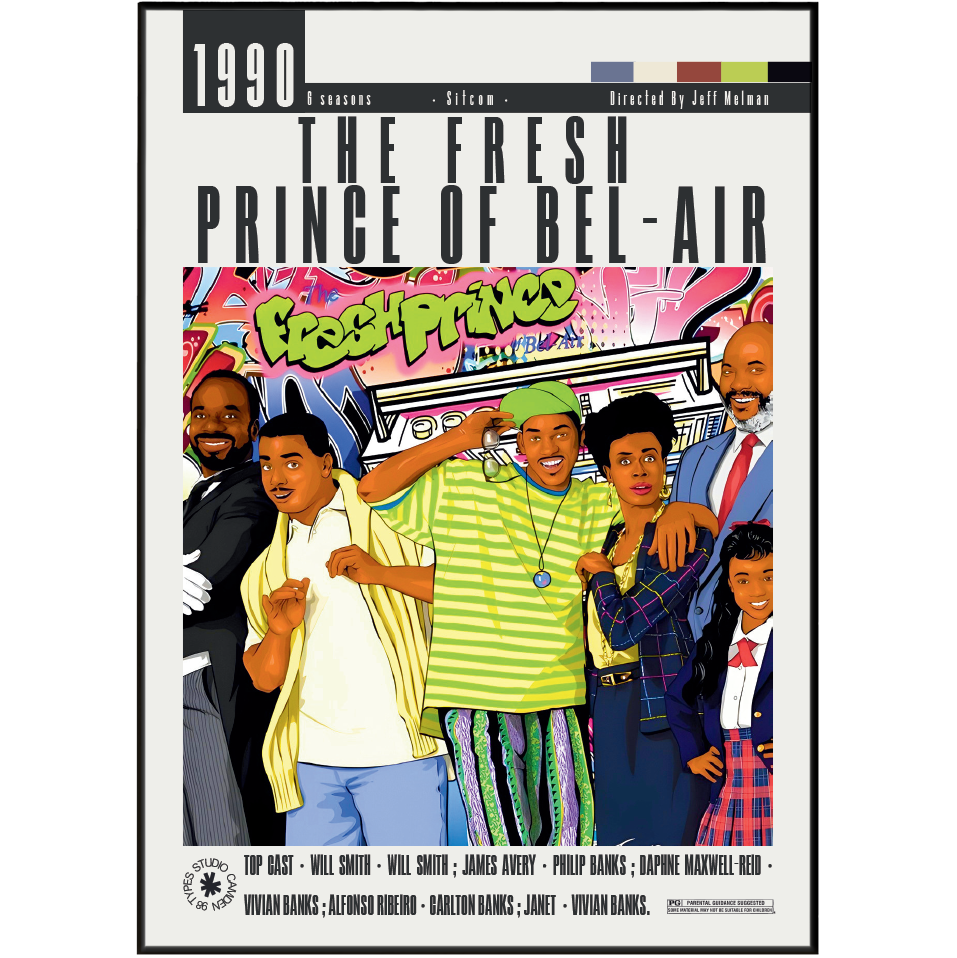 The Fresh Prince of Bel-Air 1990 4-season collectible poster featuring a colorful cartoon illustration of the main characters against a graffiti background, with text listing cast members and production credits.