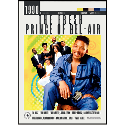 The Fresh Prince of Bel-Air 1990 DVD cover featuring Will Smith in a blue tracksuit in the foreground, with the cast ensemble in suits behind him on a yellow and green patterned background.