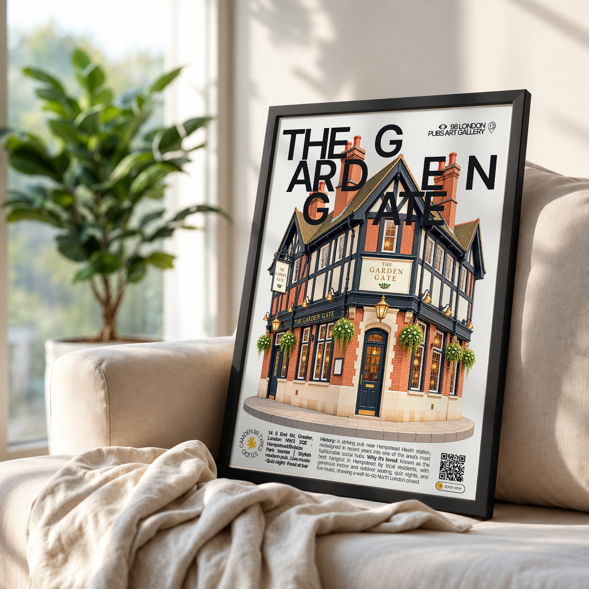The Garden Gate poster, Hampstead, London: bright modern pub facade with outdoor seating near Hampstead Heath - 98 London Pubs Art Gallery by 98 Types