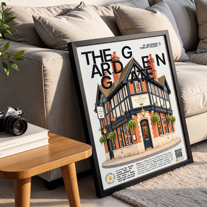 The Garden Gate poster, Hampstead, London: bright modern pub facade with outdoor seating near Hampstead Heath - 98 London Pubs Art Gallery by 98 Types