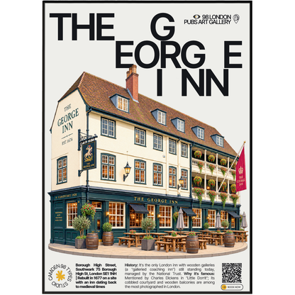 The George Inn poster, Southwark, London: wooden galleried courtyard of a historic coaching inn - 98 London Pubs Art Gallery by 98 Types