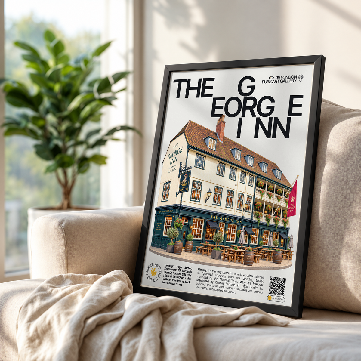 The George Inn poster, Southwark, London: wooden galleried courtyard of a historic coaching inn - 98 London Pubs Art Gallery by 98 Types