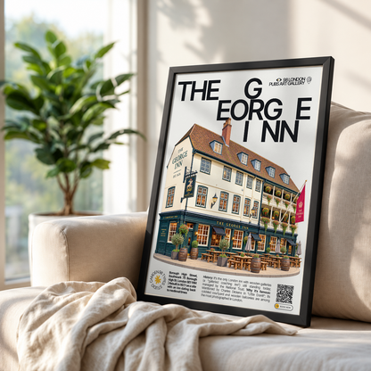 The George Inn poster, Southwark, London: wooden galleried courtyard of a historic coaching inn - 98 London Pubs Art Gallery by 98 Types