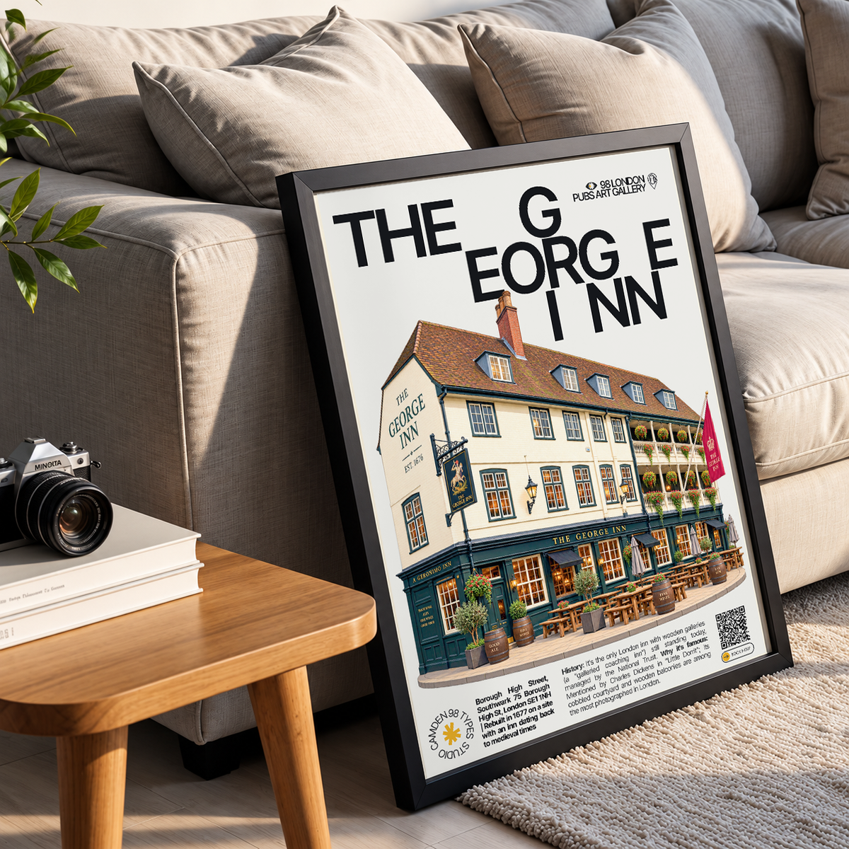 The George Inn poster, Southwark, London: wooden galleried courtyard of a historic coaching inn - 98 London Pubs Art Gallery by 98 Types
