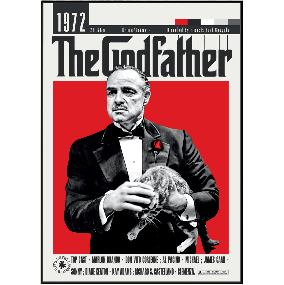 The Godfather 1972 movie poster print featuring a stylized black and white portrait of Tony Montana holding a cat against a bold red background, with the title 'The Godfather' in large black letters at the top.