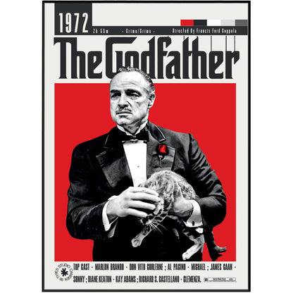 The Godfather 1972 movie poster print featuring a stylized black and white portrait of Tony Montana holding a cat against a bold red background, with the title 'The Godfather' in large black letters at the top.