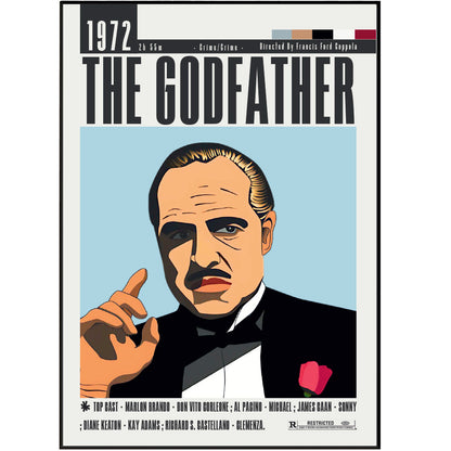 A stylized poster print of the movie The Godfather, featuring a graphic illustration of Don Corleone in a black tuxedo against a light blue background, with bold black title text at the top and release details at the top left.