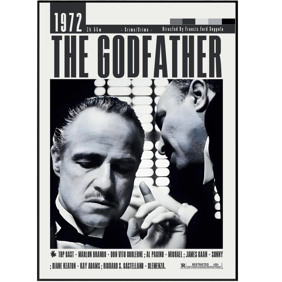 The Godfather 1972 movie poster print featuring a black and white design with the title in bold letters and a portrait of Tony Montana.
