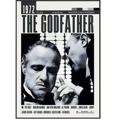 The Godfather 1972 movie poster print featuring a black and white design with the title in bold letters and a portrait of Tony Montana.