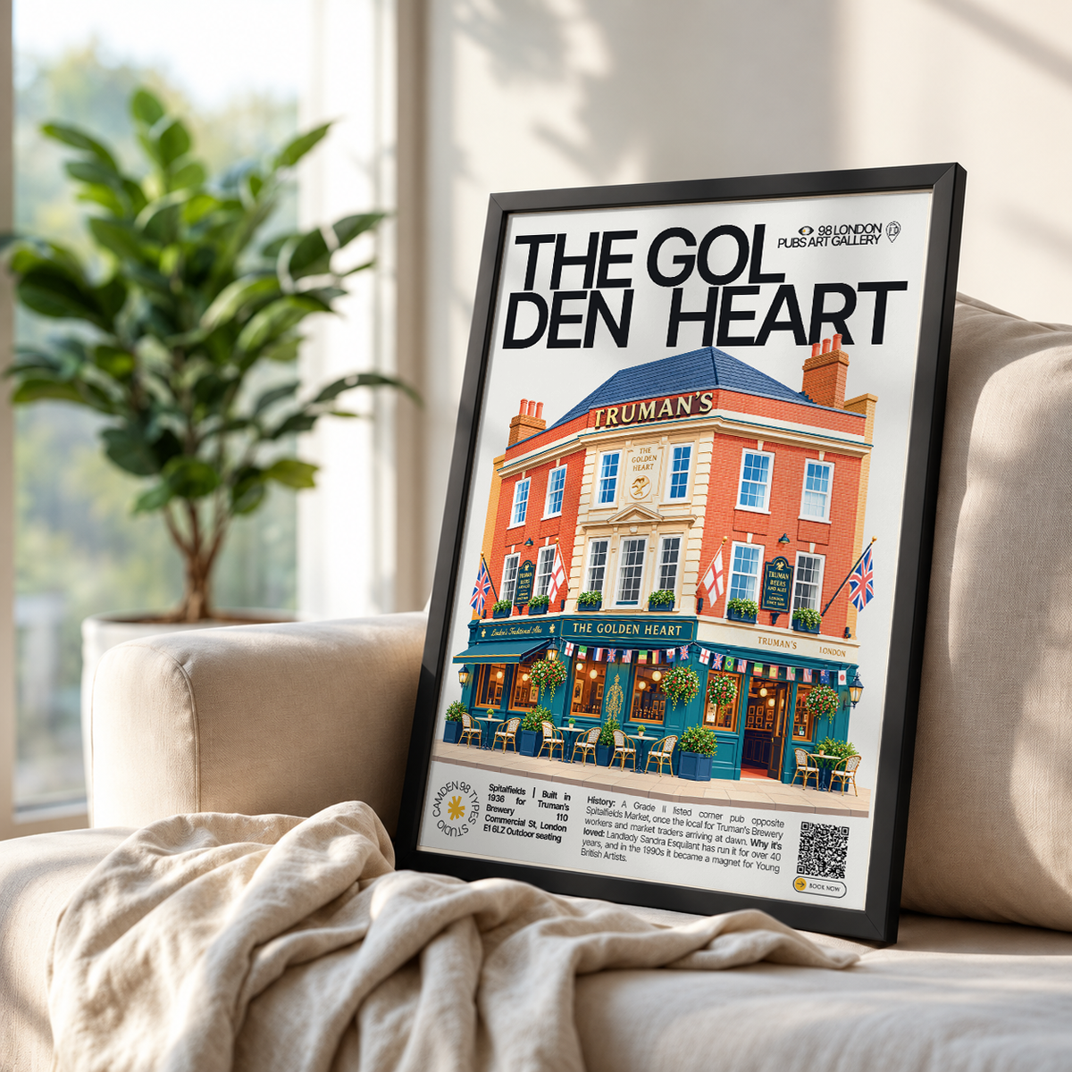The Golden Heart poster, Spitalfields, London: corner pub facade opposite Spitalfields Market - 98 London Pubs Art Gallery by 98 Types
