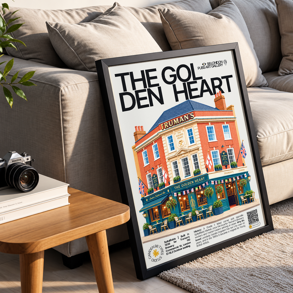The Golden Heart poster, Spitalfields, London: corner pub facade opposite Spitalfields Market - 98 London Pubs Art Gallery by 98 Types