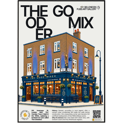 The Good Mixer poster, Camden Town, London: unassuming Britpop-era corner pub facade in Camden - 98 London Pubs Art Gallery by 98 Types