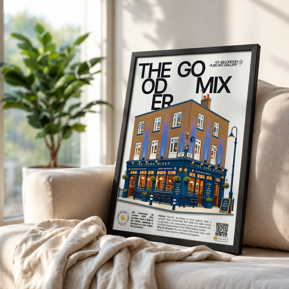 The Good Mixer poster, Camden Town, London: unassuming Britpop-era corner pub facade in Camden - 98 London Pubs Art Gallery by 98 Types