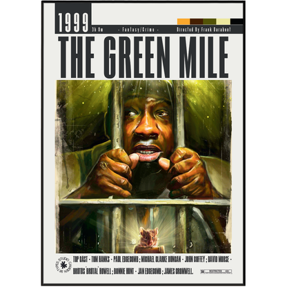 The Green Mile movie poster print featuring a painted portrait of a man behind bars, with the title 'THE GREEN MILE' and release text at the top.