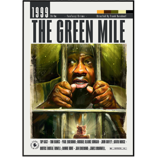 The Green Mile movie poster print featuring a painted portrait of a man behind bars, with the title 'THE GREEN MILE' and release text at the top.