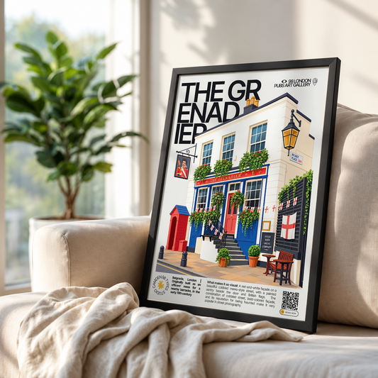 The Grenadier poster, Belgravia, London: red and white pub facade on a cobbled mews street - 98 London Pubs Art Gallery by 98 Types