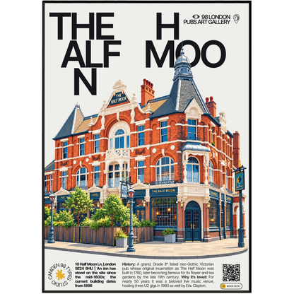 The Half Moon poster, Herne Hill, London: neo-Gothic Victorian pub facade with ornate windows - 98 London Pubs Art Gallery by 98 Types