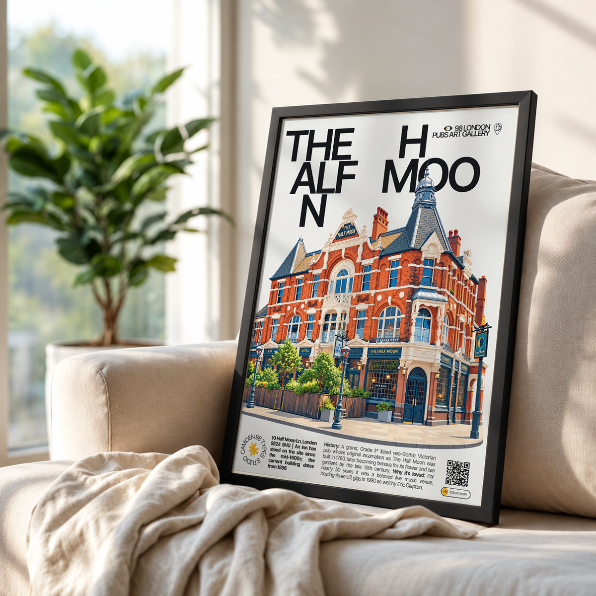 The Half Moon poster, Herne Hill, London: neo-Gothic Victorian pub facade with ornate windows - 98 London Pubs Art Gallery by 98 Types