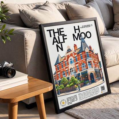 The Half Moon poster, Herne Hill, London: neo-Gothic Victorian pub facade with ornate windows - 98 London Pubs Art Gallery by 98 Types