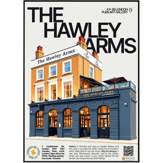 The Hawley Arms poster print — Camden Town, London | red-fronted Camden pub facade, music
tribute mural

