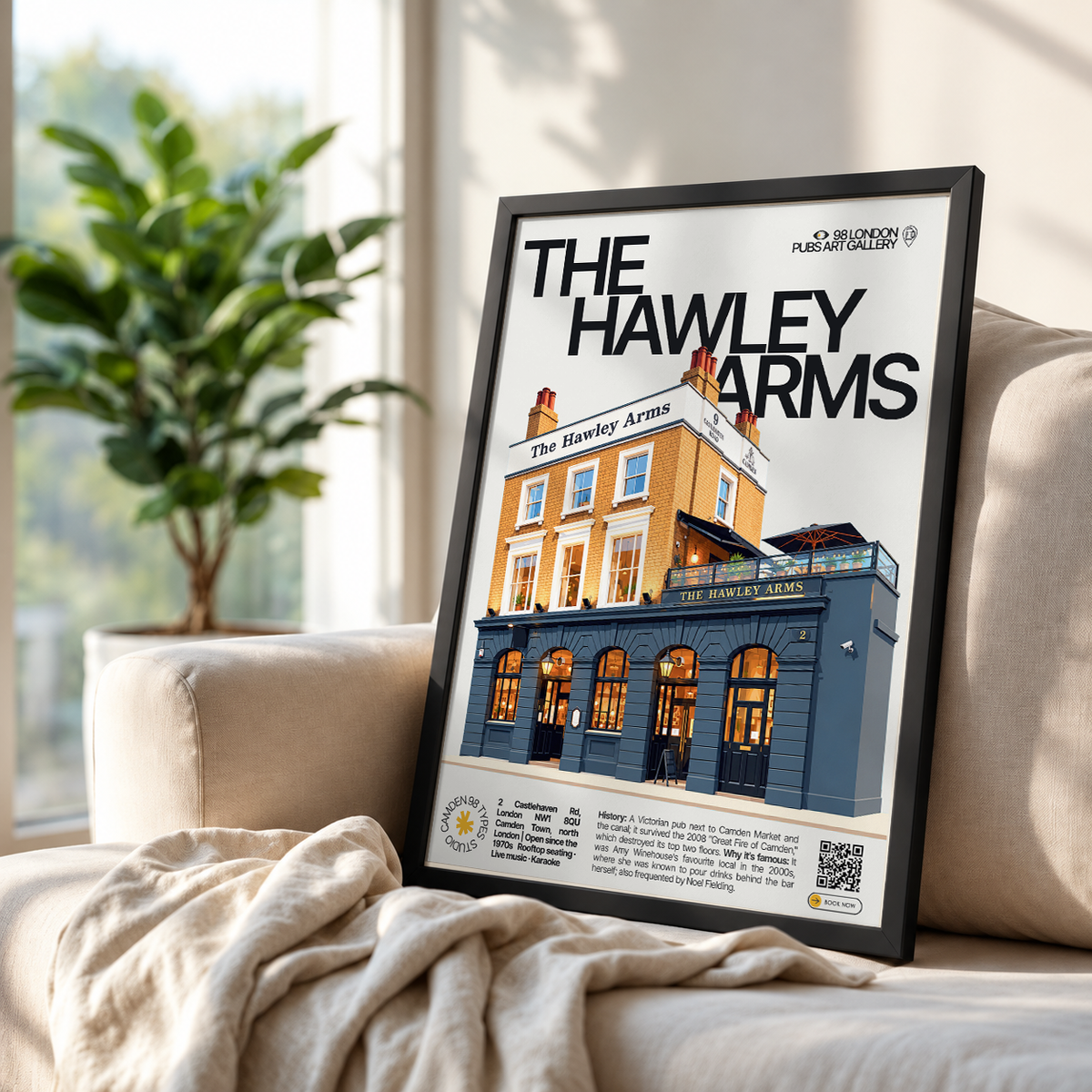 The Hawley Arms poster print — Camden Town, London | red-fronted Camden pub facade, music
tribute mural

