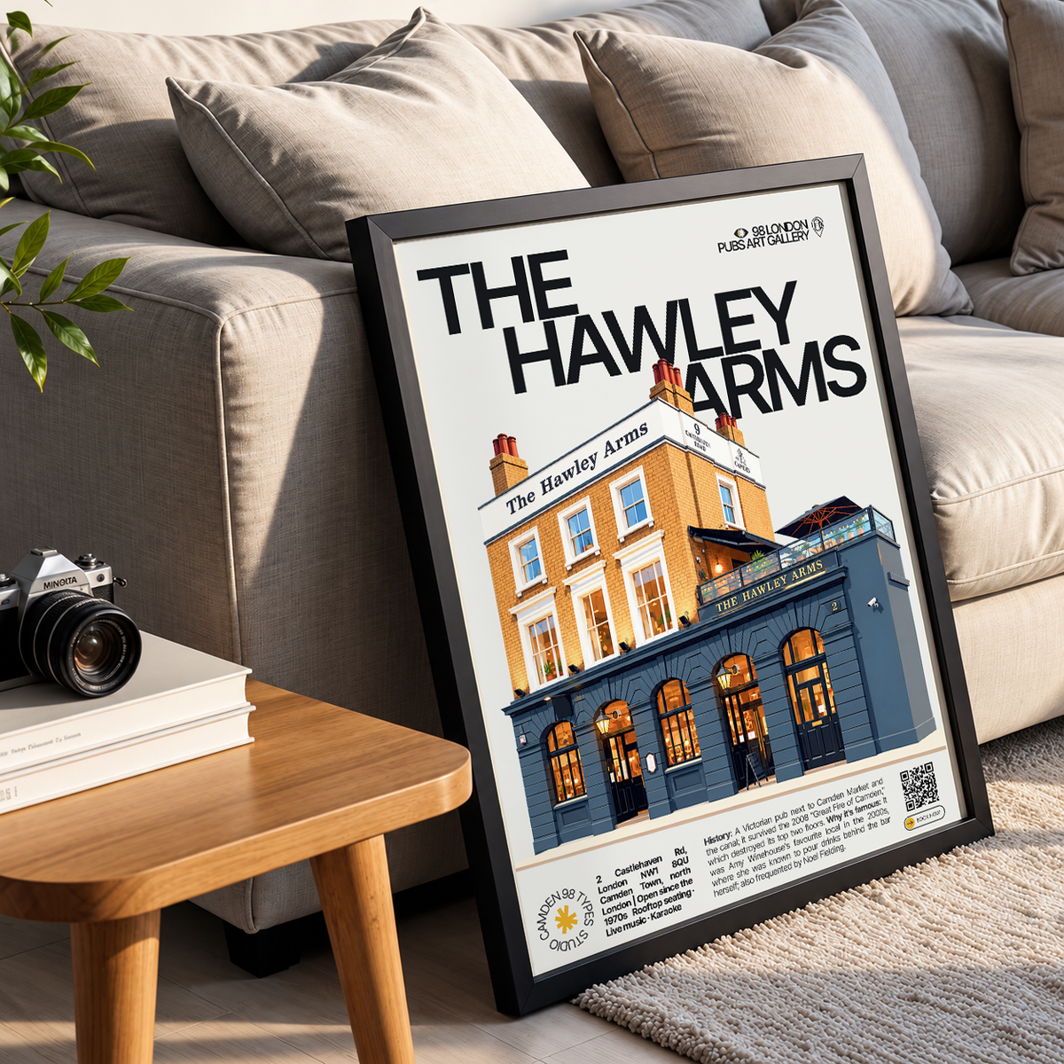 The Hawley Arms poster print — Camden Town, London | red-fronted Camden pub facade, music
tribute mural
