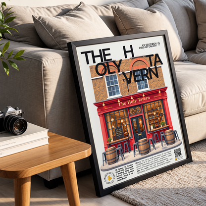 The Holly Bush poster print — Hampstead, London | black and gold Victorian facade with a lamppost