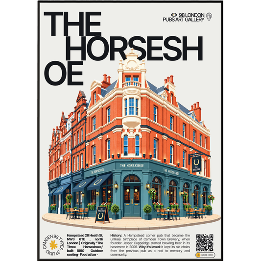 The Horseshoe poster print — Hampstead, London | corner pub facade with horseshoe emblem