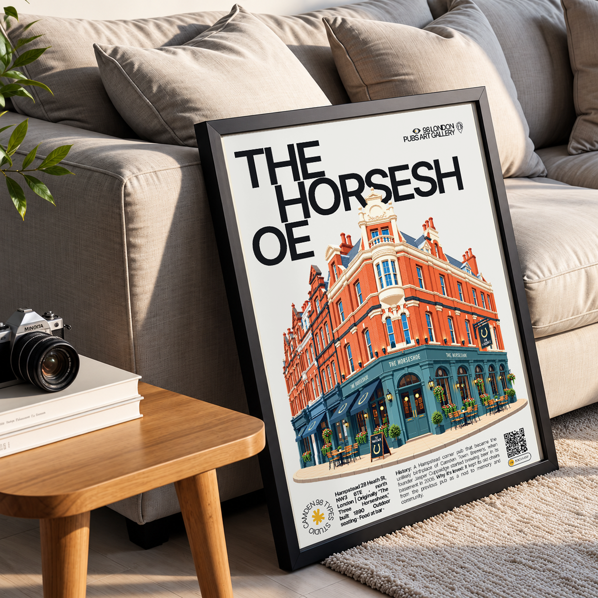 The Horseshoe poster print — Hampstead, London | corner pub facade with horseshoe emblem
