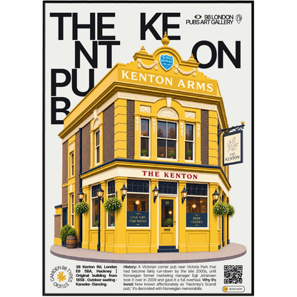 The Kenton poster, Hackney, London: Victorian corner pub facade with Scandinavian decor visible - 98 London Pubs Art Gallery by 98 Types