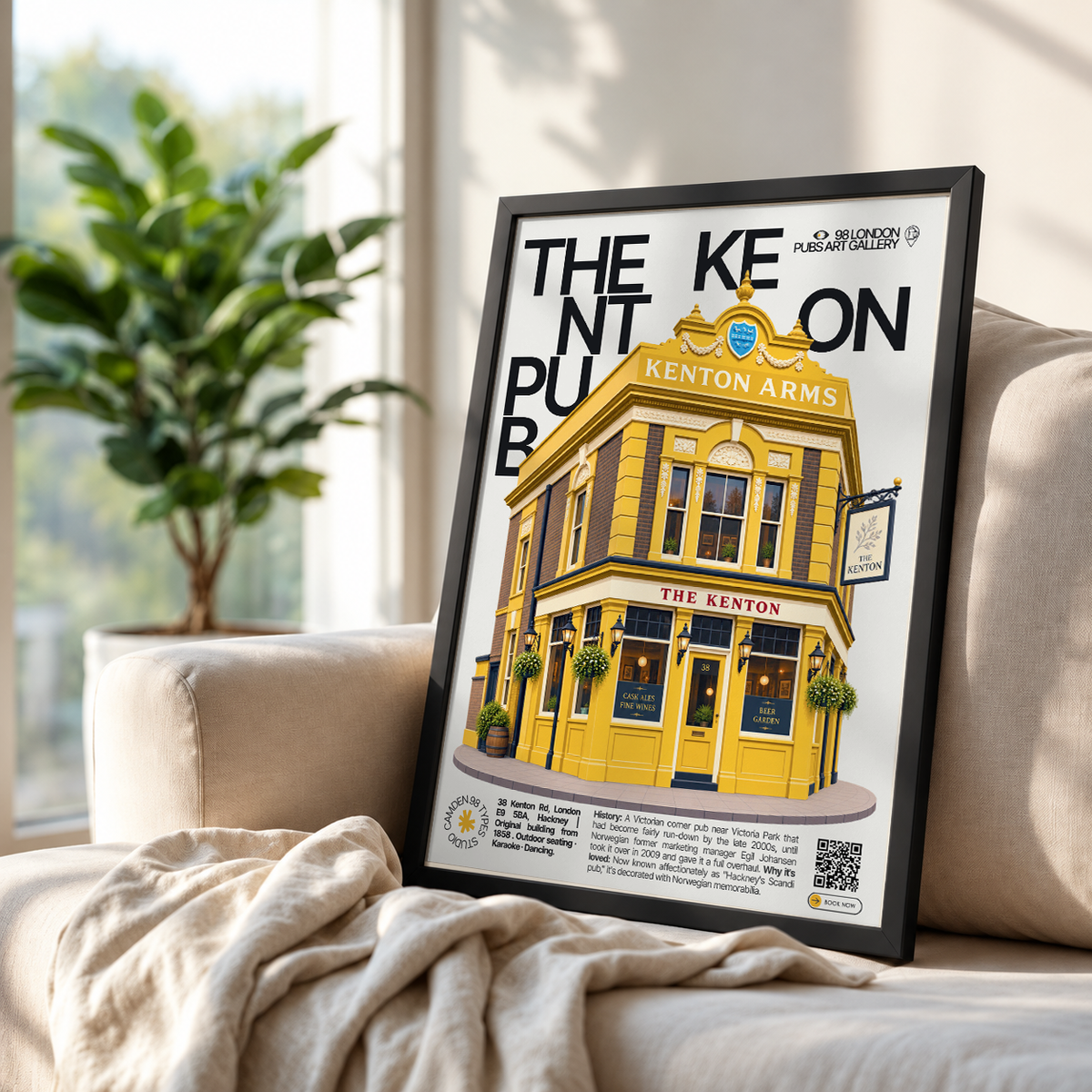 The Kenton poster, Hackney, London: Victorian corner pub facade with Scandinavian decor visible - 98 London Pubs Art Gallery by 98 Types