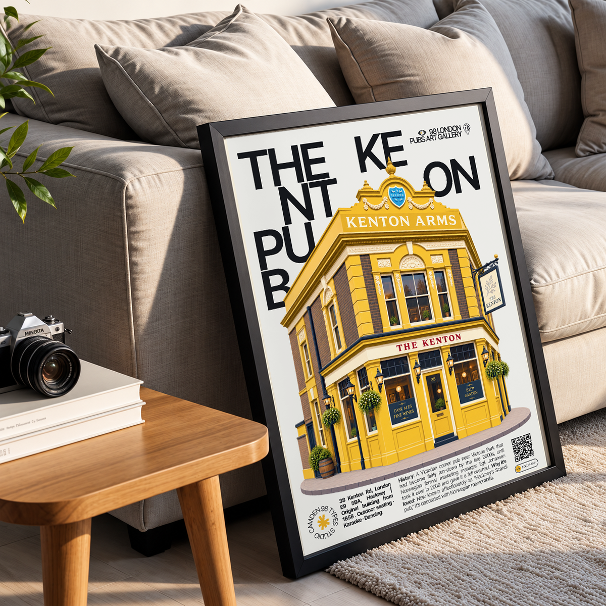 The Kenton poster, Hackney, London: Victorian corner pub facade with Scandinavian decor visible - 98 London Pubs Art Gallery by 98 Types