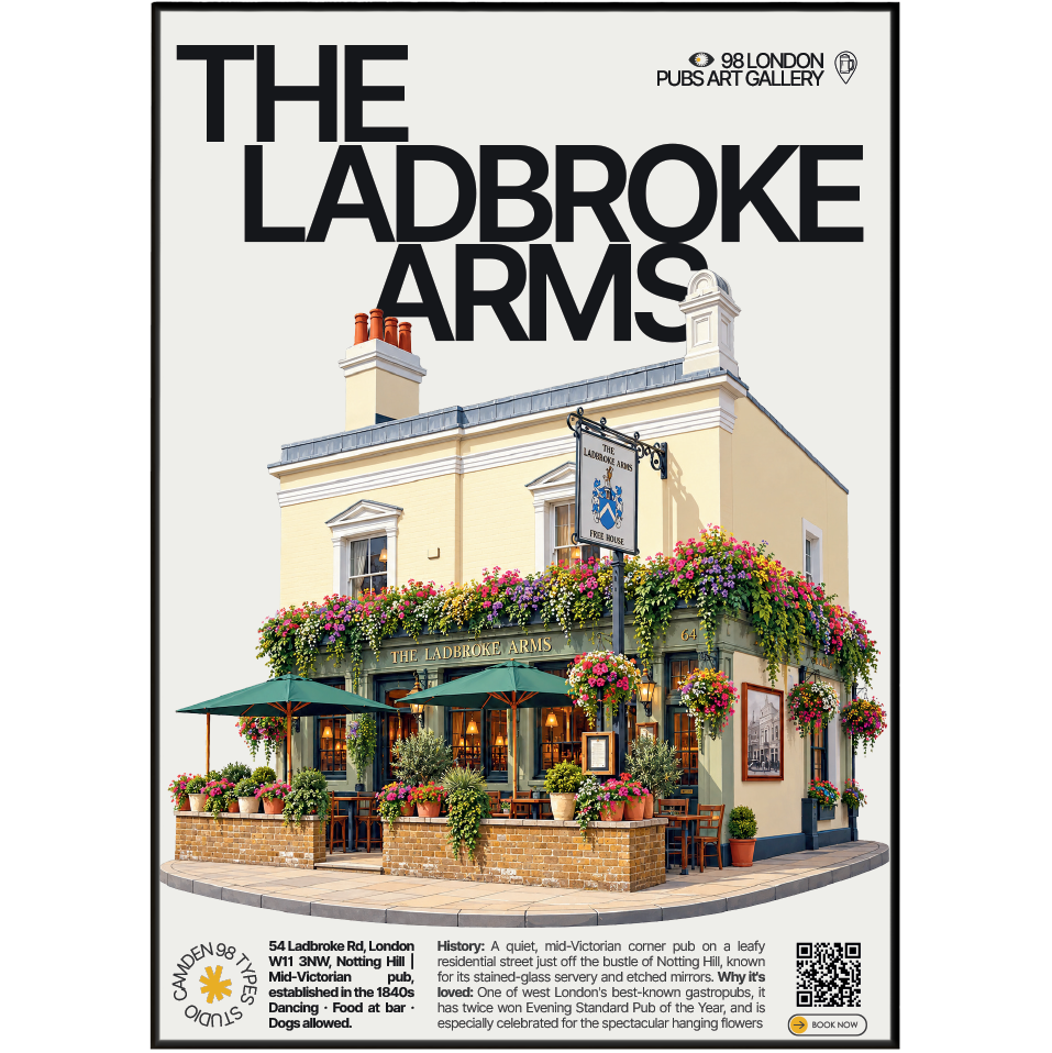 A poster-style print featuring a painted pub exterior with large black text reading “THE LADROKE ARMS” at the top and “SB LONDON PUB ART GALLERY” near the upper right. The artwork shows a cream-colored building with pink and green flower boxes, awnings, windows, and a street-facing facade.