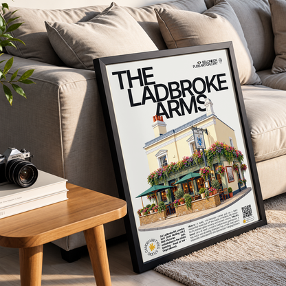 The Ladbroke Arms poster, Notting Hill, London: pub facade draped in hanging flower baskets - 98 London Pubs Art Gallery by 98 Types