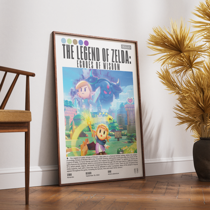 A framed vertical poster of 'The Legend of Zelda: Equines of Wisdom' leaning against a white wall on a wooden floor, next to a wooden chair and a potted palm.