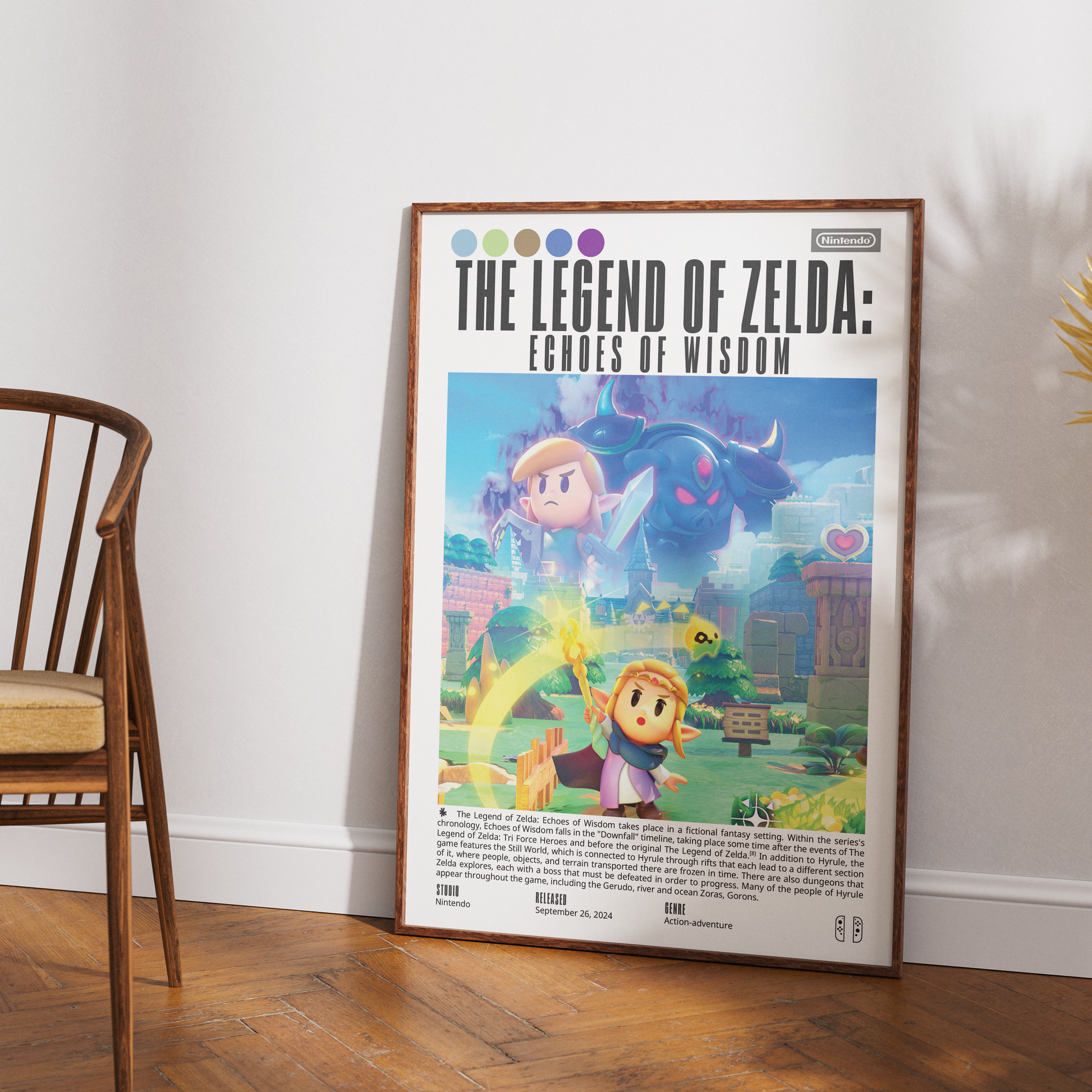 A framed vertical art print of 'The Legend of Zelda: Equations of Wisdom' poster leaning against a white wall on a wooden floor, next to a wooden chair.