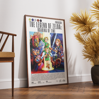A framed retro-style poster of The Legend of Zelda: Ocarina of Time leans against a white wall on a wooden floor, with part of a wooden chair on the left and a potted palm on the right.