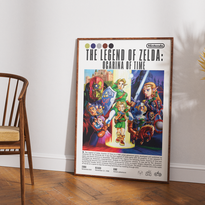 A framed retro-style poster for Nintendo's The Legend of Zelda: Ocarina of Time leans against a white wall on a wood floor, with part of a wooden chair visible on the left.