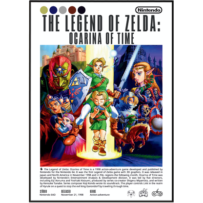 Nintendo The Legend of Zelda: Ocarina of Time game box art packaging, featuring the title at the top and a colorful illustration of Link, Zelda, and other characters on the front.