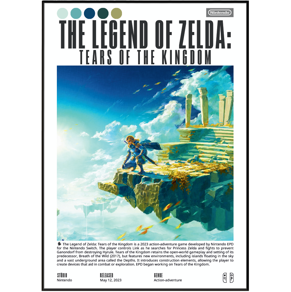 Nintendo 'The Legend of Zelda: Tears of the Kingdom' poster-style product image with the title at the top, a colorful illustrated scene of a character floating in clouds, and Nintendo branding and release text at the bottom.