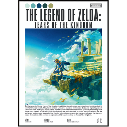 Nintendo 'The Legend of Zelda: Tears of the Kingdom' poster-style product image with the title at the top, a colorful illustrated scene of a character floating in clouds, and Nintendo branding and release text at the bottom.