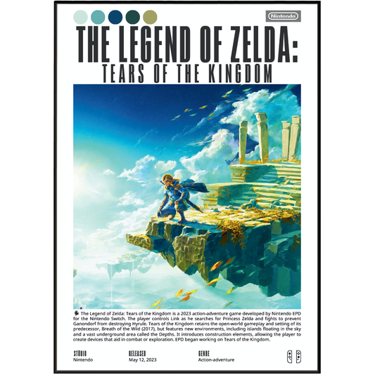 Nintendo 'The Legend of Zelda: Tears of the Kingdom' poster-style product image with the title at the top, a colorful illustrated scene of a character floating in clouds, and Nintendo branding and release text at the bottom.