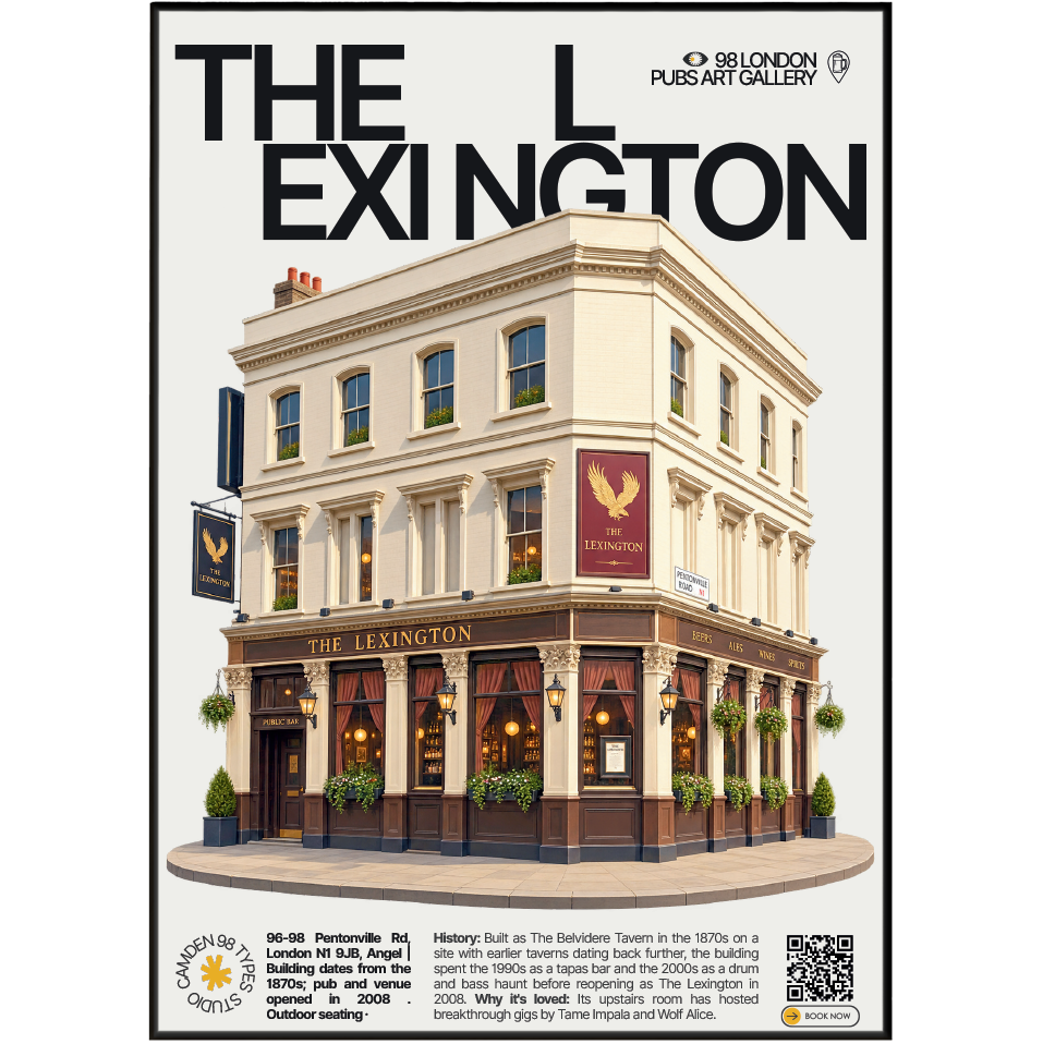 The Lexington poster, Angel, London: Victorian building facade with gig posters in the window - 98 London Pubs Art Gallery by 98 Types