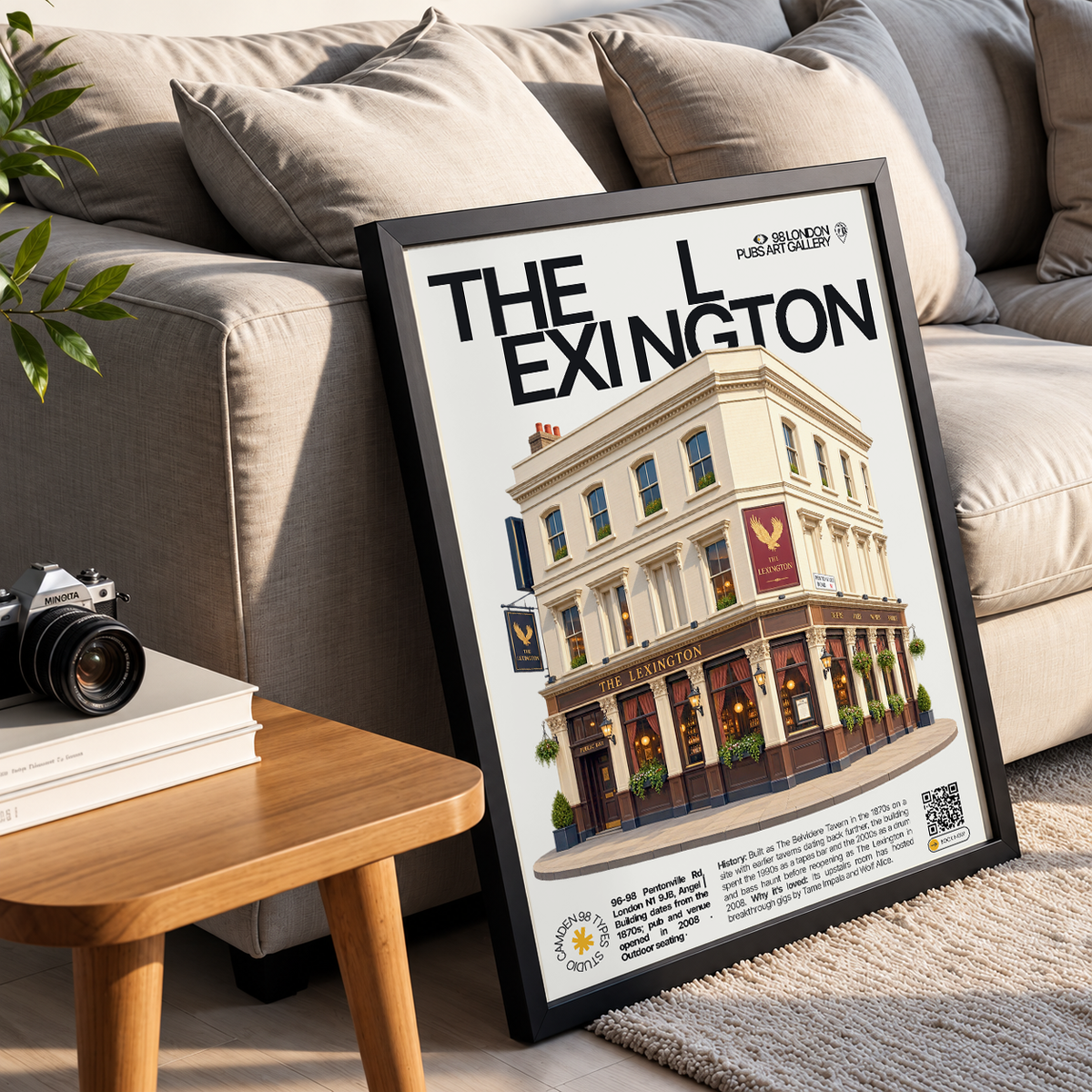 The Lexington poster, Angel, London: Victorian building facade with gig posters in the window - 98 London Pubs Art Gallery by 98 Types
