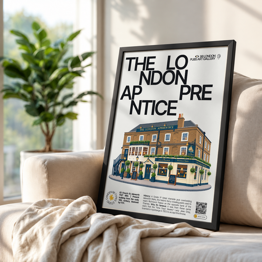 The London Apprentice poster, Isleworth, London: riverside Georgian pub facade overlooking the Thames - 98 London Pubs Art Gallery by 98 Types