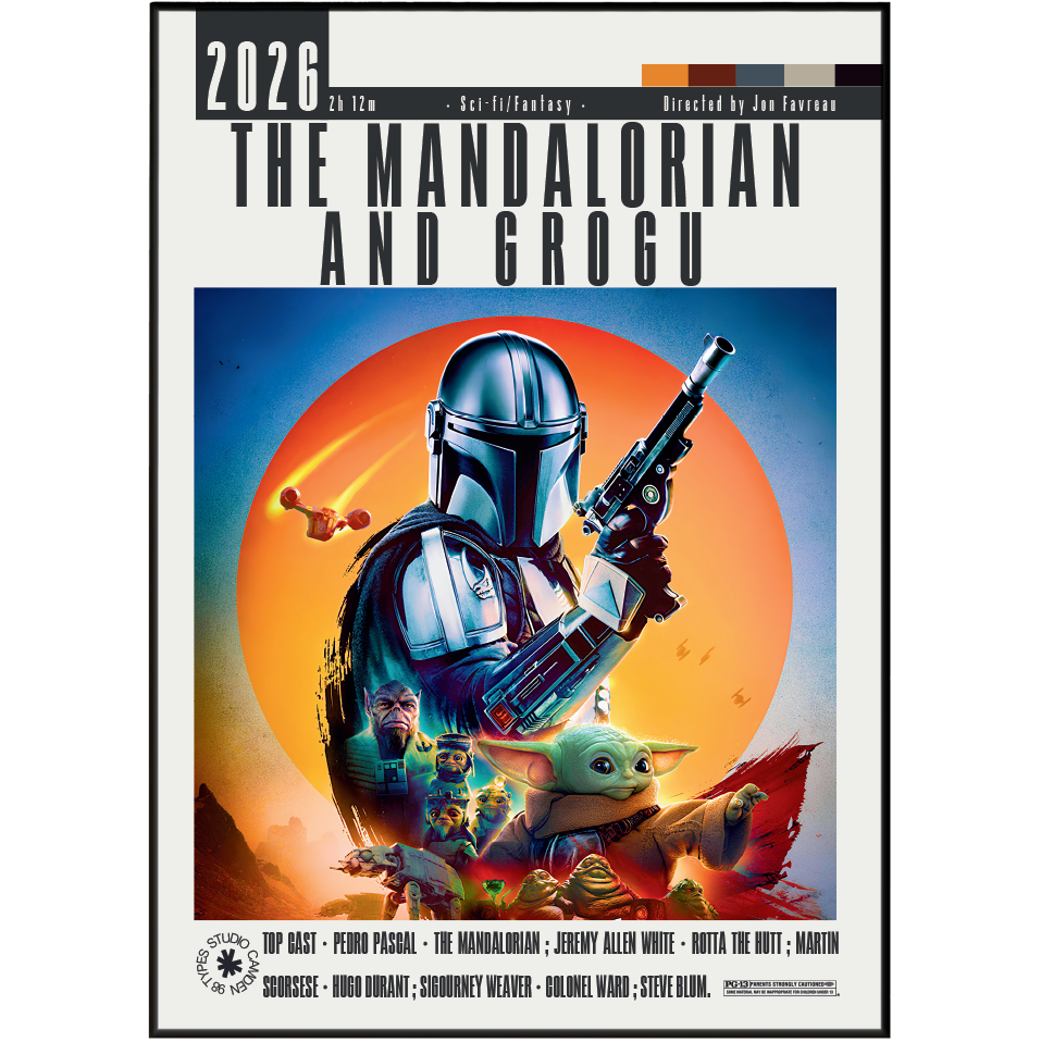 A movie poster for 'The Mandalorian and Grogu' (The Mandalorian Season 3 Film) featuring the Mandalorian holding a blaster in front of Grogu, set against a large orange sun and blue sky background.